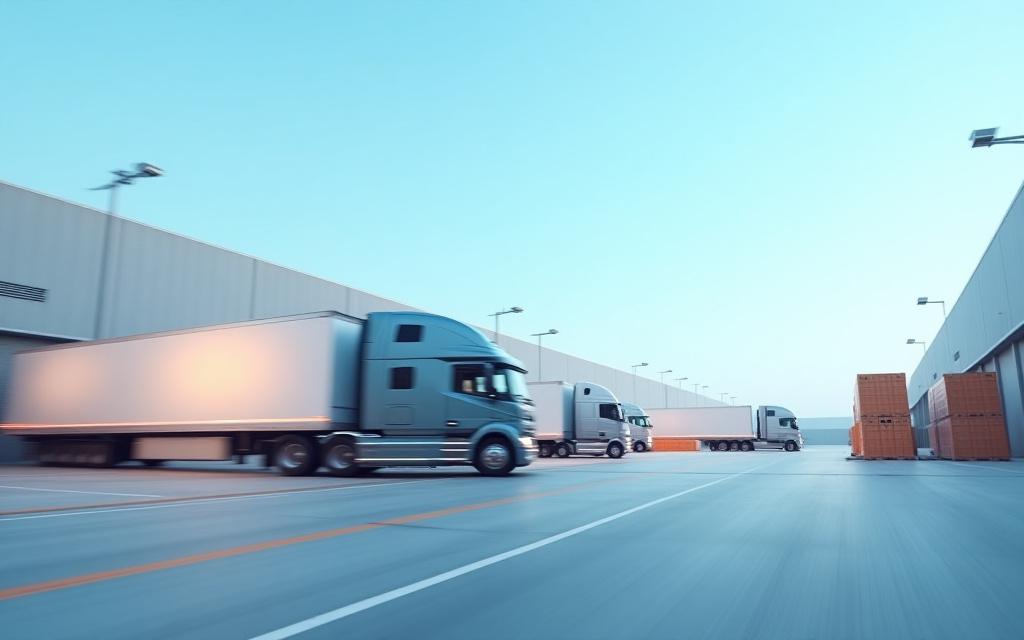 Logistikzentrum mit LKW und Paketen, symbolisiert schnelle und zuverlässige Lieferung