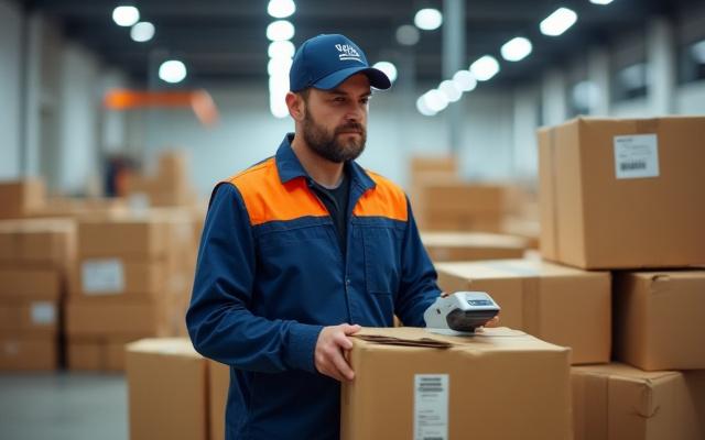 Mitarbeiter sortiert Pakete in einem modernen Lager, mit Bewegungsschärfe um Geschwindigkeit zu symbolisieren